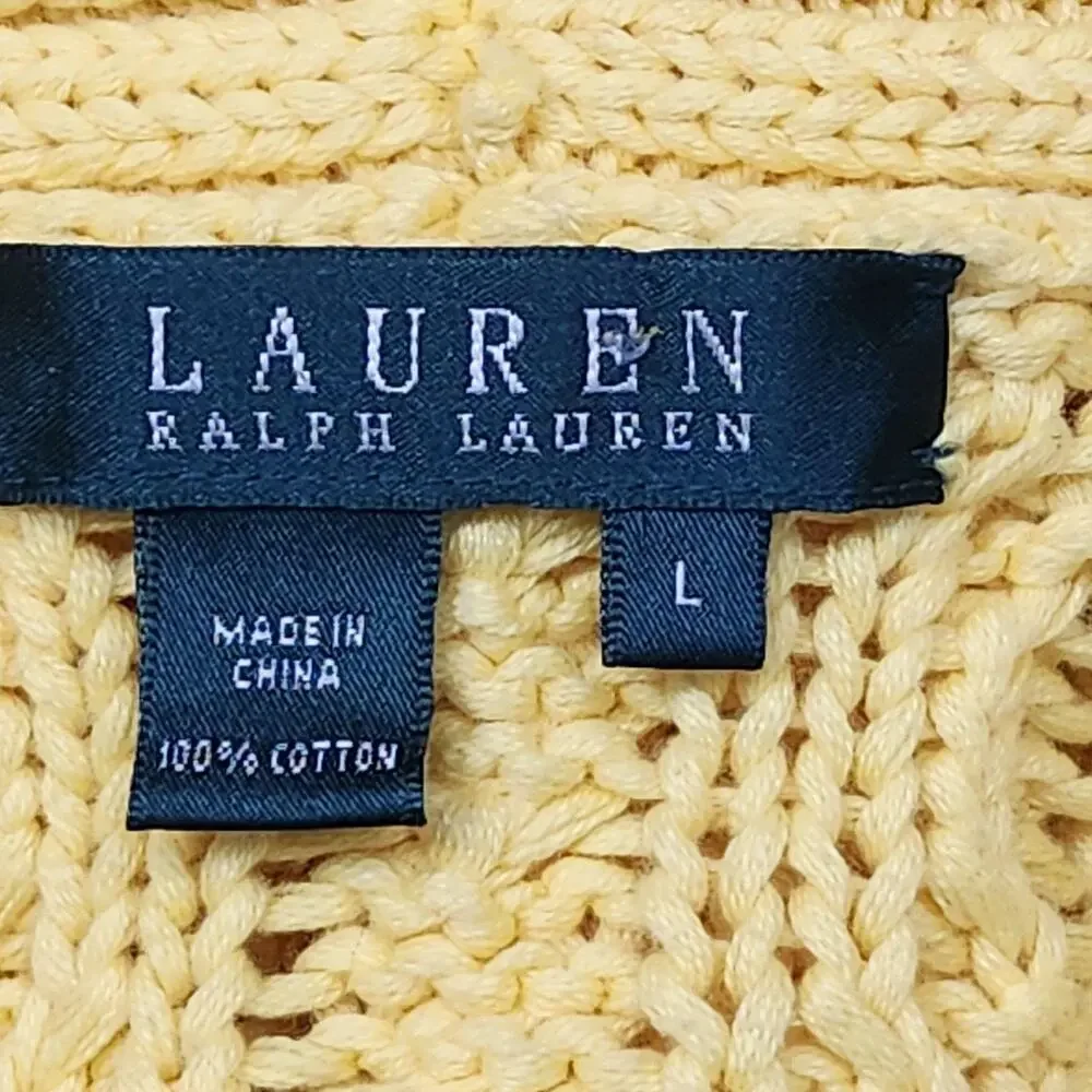 Lauren Ralph Lauren Sweater Womens Large Yellow Cotton Cable Zip Toggle Cardigan